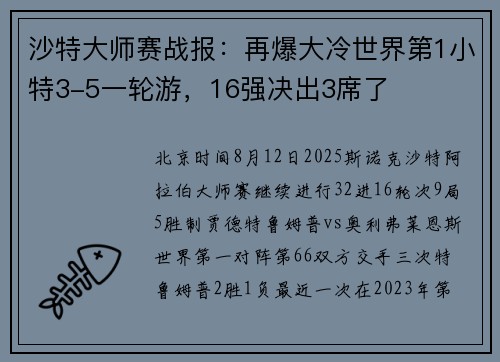 沙特大师赛战报：再爆大冷世界第1小特3-5一轮游，16强决出3席了